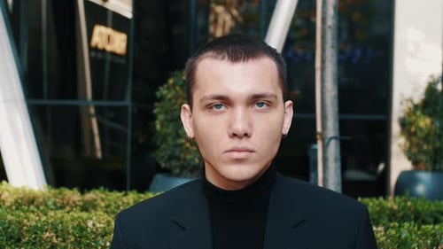 Portrait Serious Face Caucasian Man Looking at Camera Enjoying in Urban City Handsome Confident