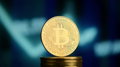 Close Up of Bitcoin Cryptocurrency Coin on Stack