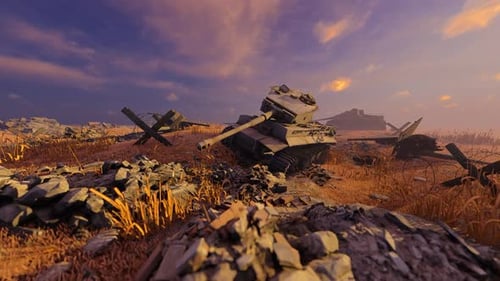 Destroyed Military Tanks in a War-Torn Battlefield at Sunset