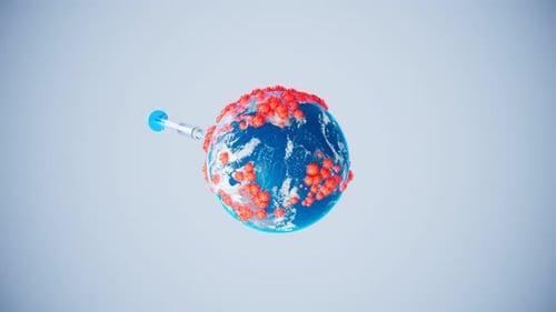 Covid allover the globe. Syringe injects cure. Coronavirus vaccine. Inoculation.