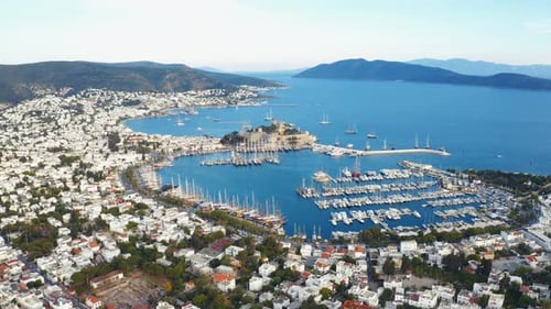 Aerial View of Marina Harbor in Bodrum, Turkey. Yachts and Ships Are in the Seaport Surrounded By