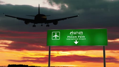 Plane landing in Phnom Penh Cambodia airport