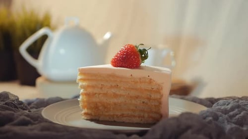 Slice of Cake with Fresh Strawberry Topping