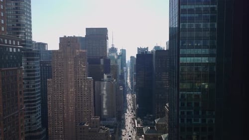 Forwards Fly High Above Wide Street Sandwiched Between Tall Office or Apartment Downtown Buildings