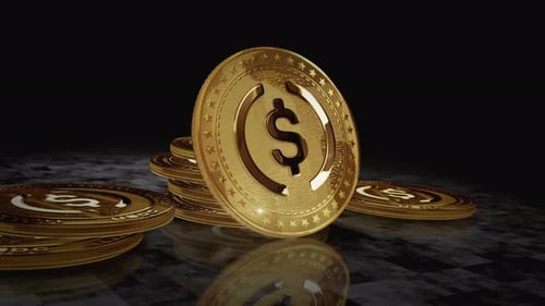 USDC USD Coin stablecoin cryptocurrency golden coin loop on digital screen