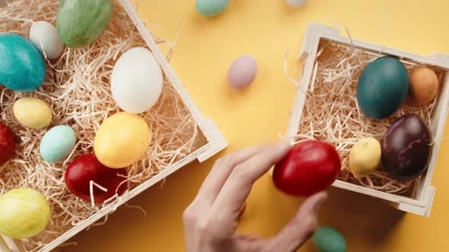 Colorful Easter Eggs in Wooden Crates for Festive Holiday