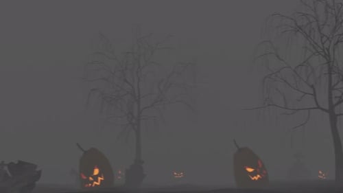 Spooky Halloween Graveyard Background with Jack-O'-Lanterns and Fog