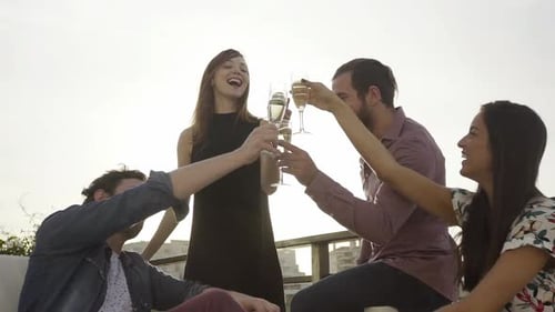 Groupe d'amis faisant tinter des coupes de champagne en plein air