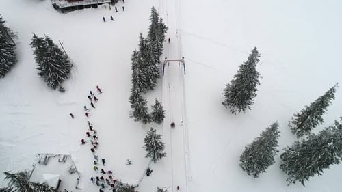 Fly over mountain ski resort