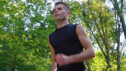 Slow Motion Young Man Jogging Under Green Trees