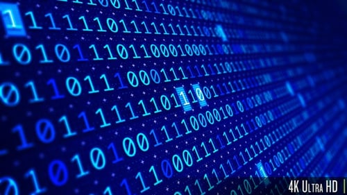 Visualización futurista de primer plano en 4K de bucles de Código binarios 1 y 0