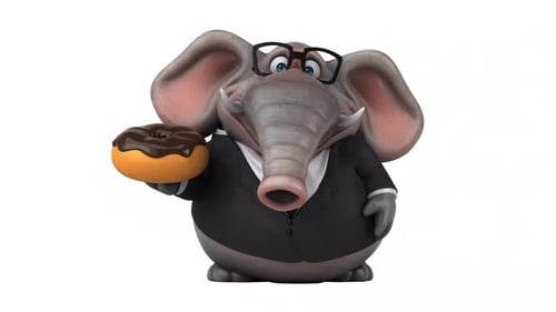 Cartoon Elephant Character in Suit Holding Donut