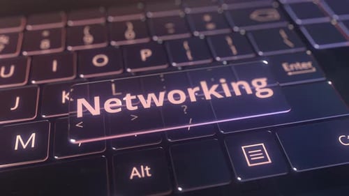 Teclado de computador futurista e placa de rede transparente