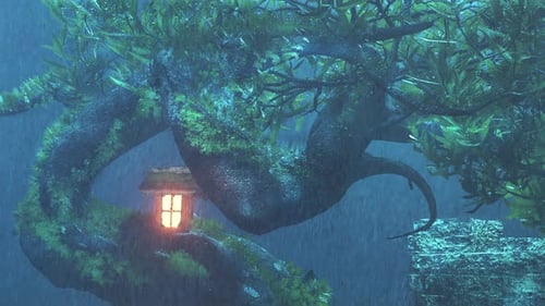 Rainy Night Animated Background with Glowing Lantern and Mossy Tree