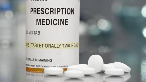 Prescription medicine bottle and pills in macro view