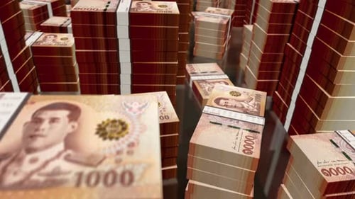 Voo 3D sobre os pacotes de notas de dinheiro do Baht tailandês: animação em loop