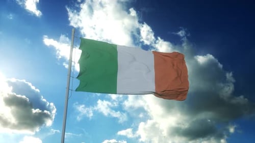 Realistic Irish Flag Waving Against Blue Sky