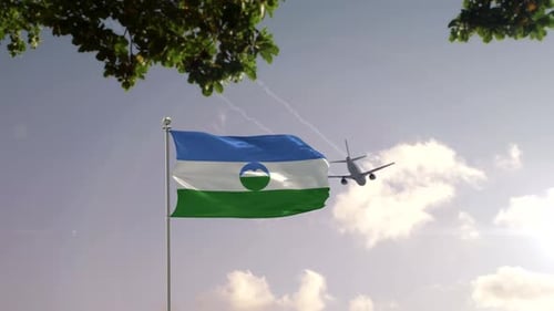 Flag Waving with Airplane Flying Over City