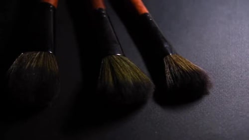 wooden and metal brown set of make up brushes on black background with sliding movement