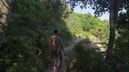 Man walking in nature looking at the sea.
