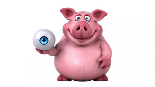 3D Animated Pig Character Holding Eyeball and Gesturing