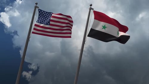 Waving Flags Of The United States And The Syria 4K
