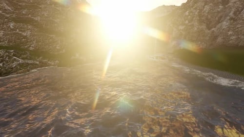 Boats Sailing in a Mountain Lake with Golden Sunset