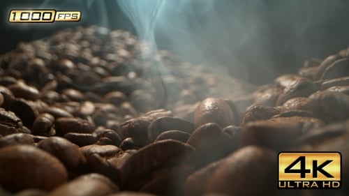 Aromatic Coffee Beans Steam Close-Up on Black Background