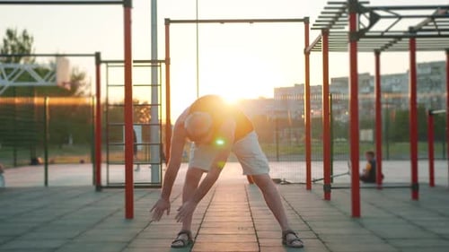 Old People Healthy Lifestyle. Elderly Caucasian Man Making Fitness Exercises After Coronavirus Virus
