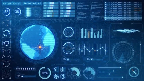 searching point on blue earth with futuristic head up display technology interface screen