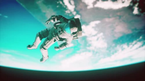 Astronaut Floating in Orbit Above Planet Earth