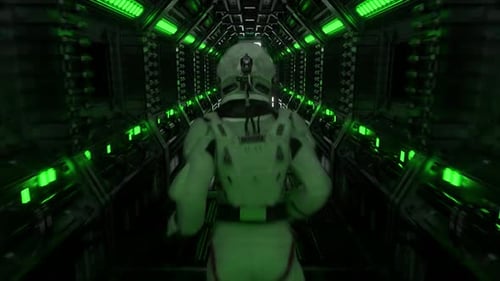 Un astronaute traverse un tunnel vers un autre compartiment de la porte spatiale