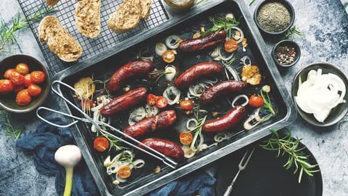 Grilled Sausages with Fresh Vegetables Flat Lay