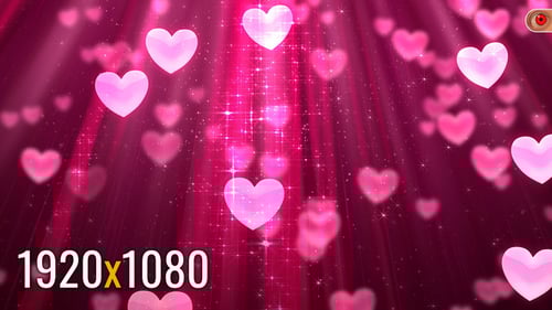 Floating Pink Hearts and Glowing Light Rays Background