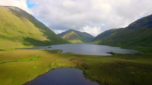 Lake surrounded by beautiful mountains 4k