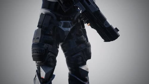 Futuristischer Soldat in Stahlrüstung mit der Cyber Punk Gun
