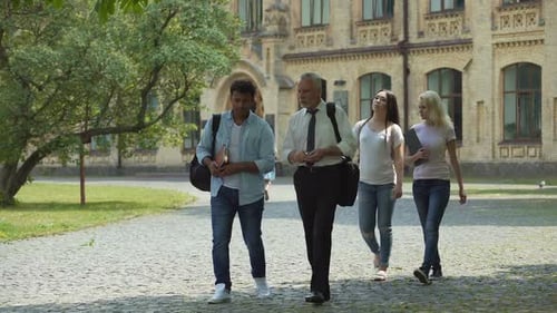 Group of Multi-Ethnic Students and Teacher Discussing Project, Walking in Park