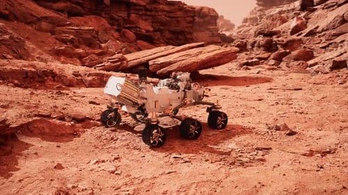 Futuristic Mars Rover Explores Red Planet Landscape