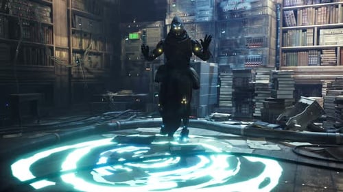 Futuristic Sci-Fi Character Manipulating Energy in High-Tech Library