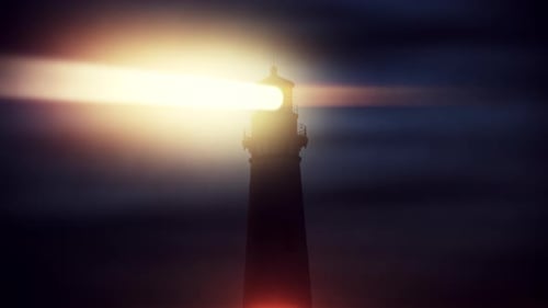 Lighthouse Beacon Light Beam Illuminates Night Sky