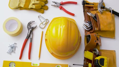 Overhead View of Construction Tools and Hard Hat