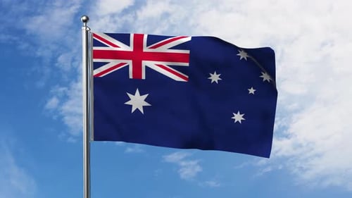 Dynamic Australian Flag Waving Against Blue Sky