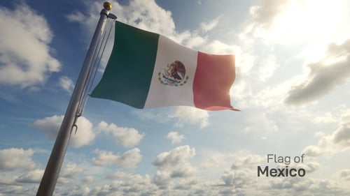 Realistic Mexican Flag Waving in Sunny Blue Sky