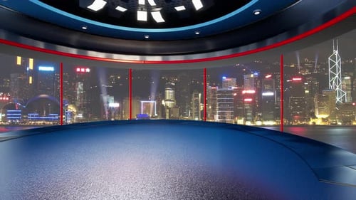 Estudio virtual de noticias de televisión con fondo de ciudad nocturna y focos A
