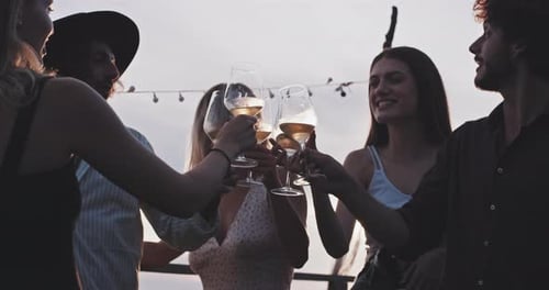 Group of cheerful people toasting with wine and enjoying sunset view