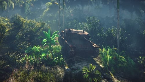 Realistic Rusty Tank Hidden in Tropical Jungle Animation