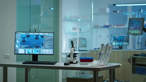 Modern Medical Laboratory with Microscope and DNA Data