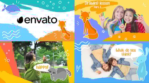 Playful Children's Photo Slideshow with Animated Drawings and Text