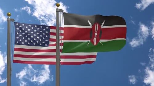 United States and Kenya Flags Waving in Blue Sky
