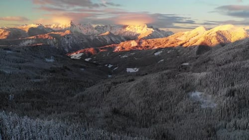 Nach Neuschnee über einen Winterwald fliegen